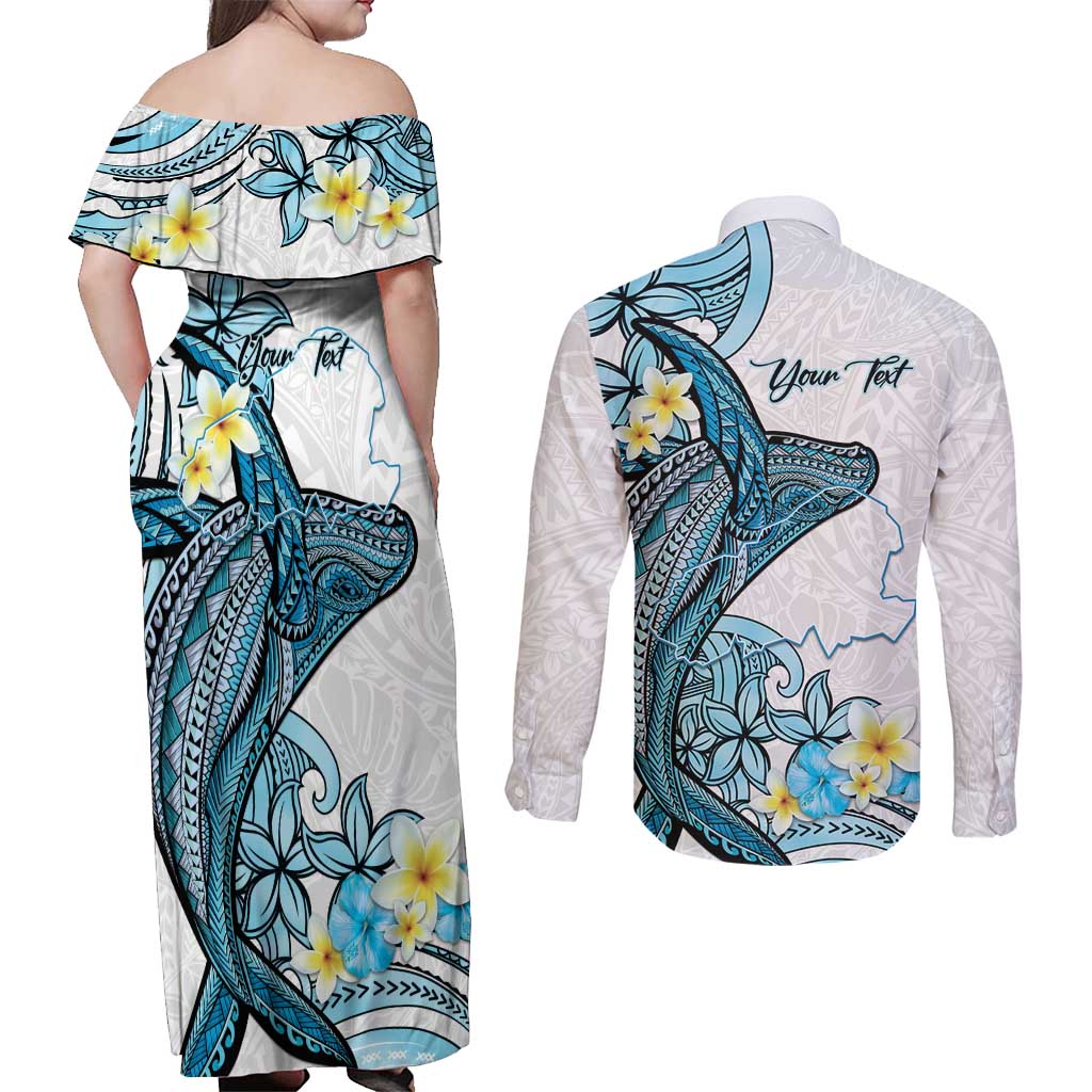 Personalised Aloha Hawaii Kahoolawe Island Couples Matching Off Shoulder Maxi Dress and Long Sleeve Button Shirt Target Isle Map With Humpback Whale LT14 - Polynesian Pride