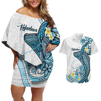 Personalised Aloha Hawaii Kahoolawe Island Couples Matching Off Shoulder Short Dress and Hawaiian Shirt Target Isle Map With Humpback Whale LT14 Blue - Polynesian Pride