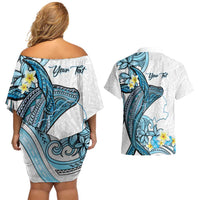 Personalised Aloha Hawaii Kahoolawe Island Couples Matching Off Shoulder Short Dress and Hawaiian Shirt Target Isle Map With Humpback Whale LT14 - Polynesian Pride
