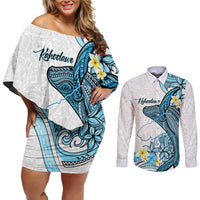 Personalised Aloha Hawaii Kahoolawe Island Couples Matching Off Shoulder Short Dress and Long Sleeve Button Shirt Target Isle Map With Humpback Whale LT14 Blue - Polynesian Pride