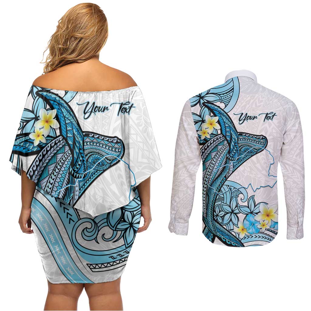 Personalised Aloha Hawaii Kahoolawe Island Couples Matching Off Shoulder Short Dress and Long Sleeve Button Shirt Target Isle Map With Humpback Whale LT14 - Polynesian Pride