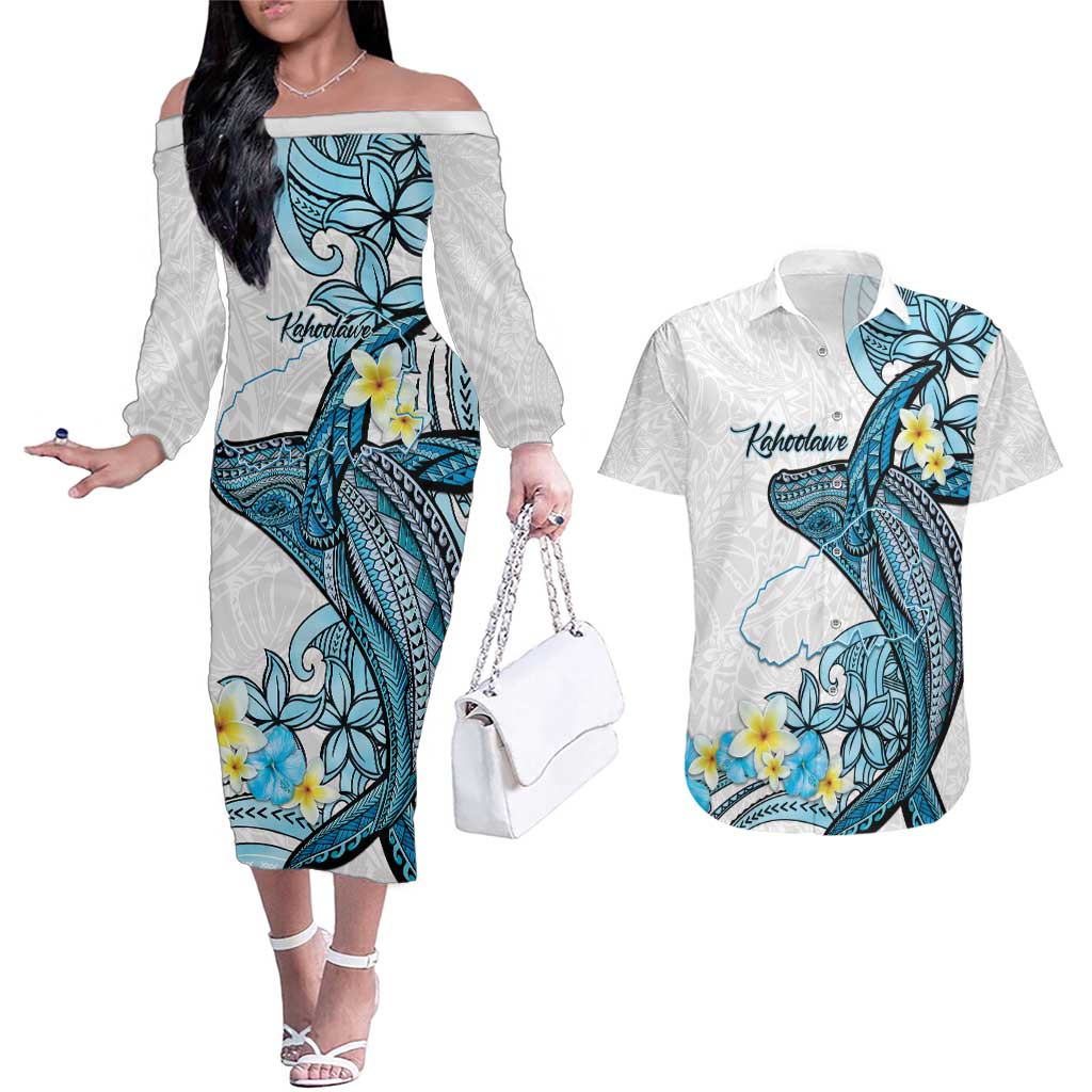 Personalised Aloha Hawaii Kahoolawe Island Couples Matching Off The Shoulder Long Sleeve Dress and Hawaiian Shirt Target Isle Map With Humpback Whale LT14 Blue - Polynesian Pride