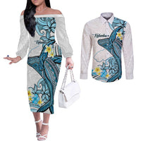 Personalised Aloha Hawaii Kahoolawe Island Couples Matching Off The Shoulder Long Sleeve Dress and Long Sleeve Button Shirt Target Isle Map With Humpback Whale LT14 Blue - Polynesian Pride