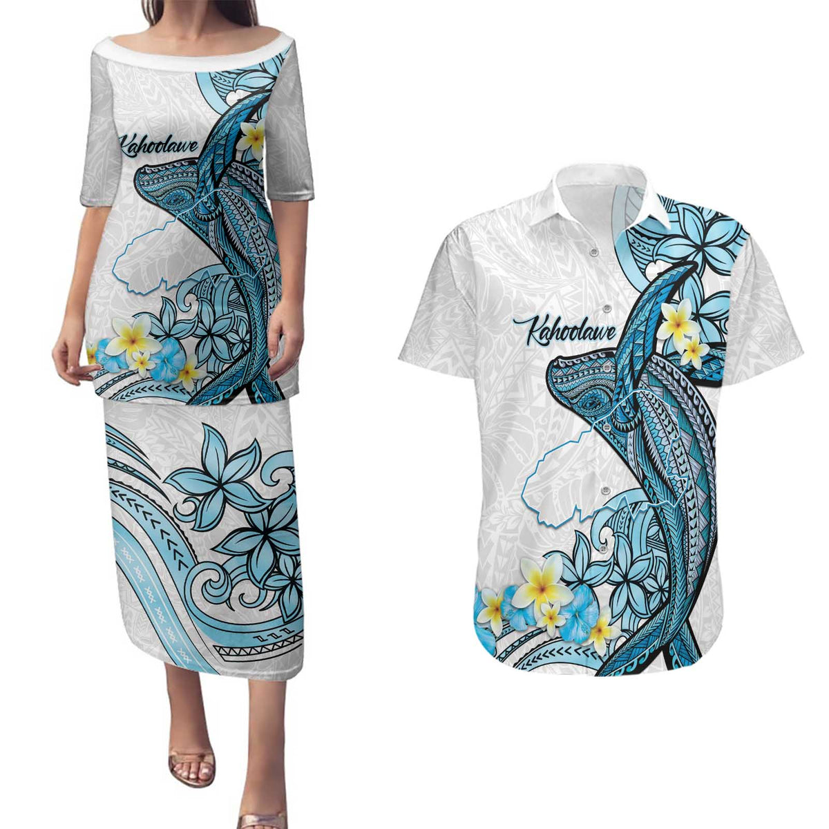 Personalised Aloha Hawaii Kahoolawe Island Couples Matching Puletasi and Hawaiian Shirt Target Isle Map With Humpback Whale LT14 Blue - Polynesian Pride