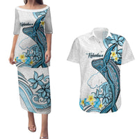 Personalised Aloha Hawaii Kahoolawe Island Couples Matching Puletasi and Hawaiian Shirt Target Isle Map With Humpback Whale LT14 Blue - Polynesian Pride
