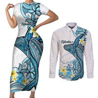 Personalised Aloha Hawaii Kahoolawe Island Couples Matching Short Sleeve Bodycon Dress and Long Sleeve Button Shirt Target Isle Map With Humpback Whale LT14 Blue - Polynesian Pride