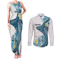 Personalised Aloha Hawaii Kahoolawe Island Couples Matching Tank Maxi Dress and Long Sleeve Button Shirt Target Isle Map With Humpback Whale LT14 Blue - Polynesian Pride