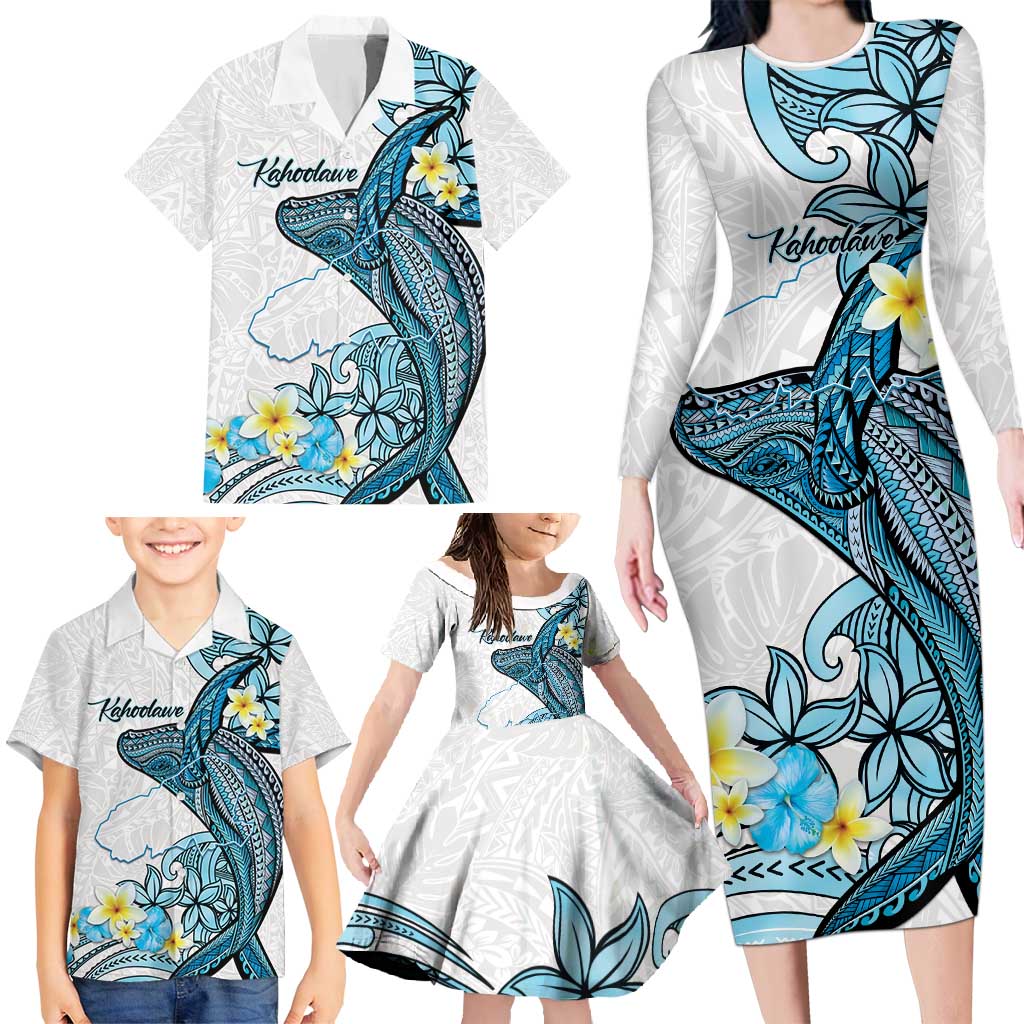 Personalised Aloha Hawaii Kahoolawe Island Family Matching Long Sleeve Bodycon Dress and Hawaiian Shirt Target Isle Map With Humpback Whale