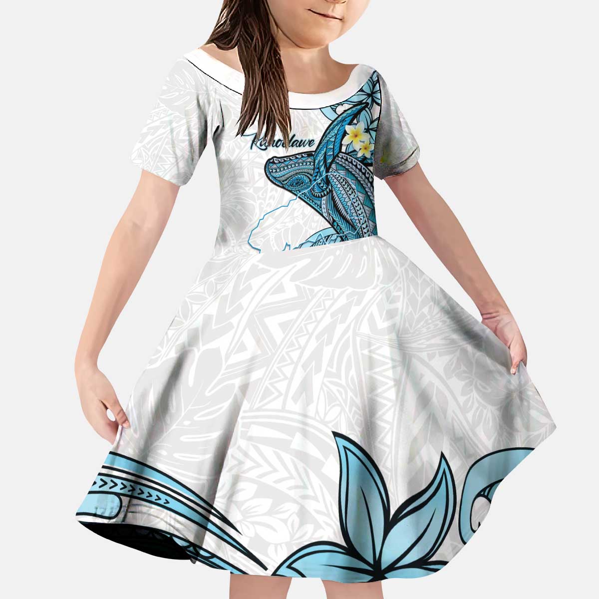 Personalised Aloha Hawaii Kahoolawe Island Kid Short Sleeve Dress Target Isle Map With Humpback Whale LT14 KID Blue - Polynesian Pride