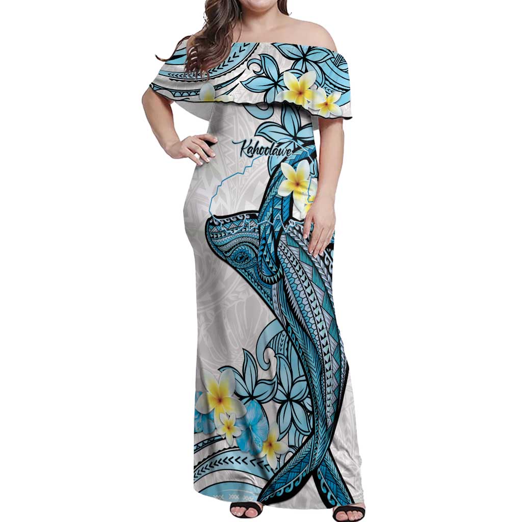 Personalised Aloha Hawaii Kahoolawe Island Off Shoulder Maxi Dress Target Isle Map With Humpback Whale LT14 Women Blue - Polynesian Pride