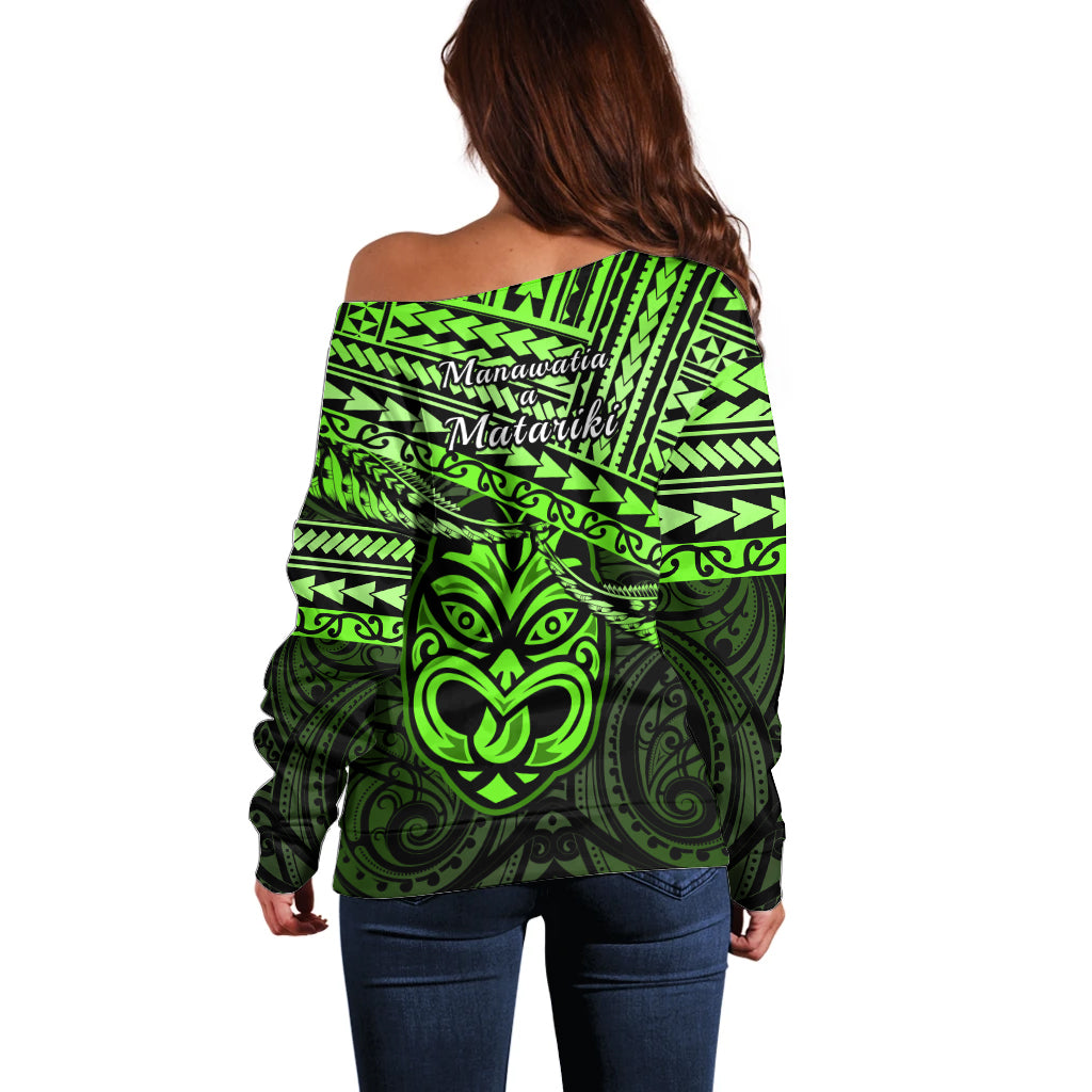 Matariki New Zealand Off Shoulder Sweater Maori New Year Tiki Green Version LT14