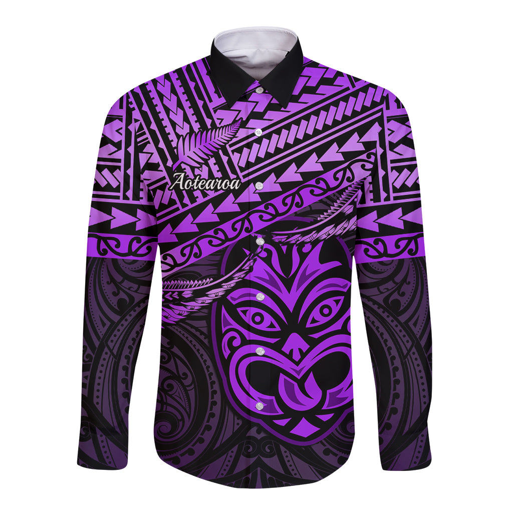 Personalised Matariki New Zealand Long Sleeve Button Shirt Maori New Year Tiki Purple Version LT14