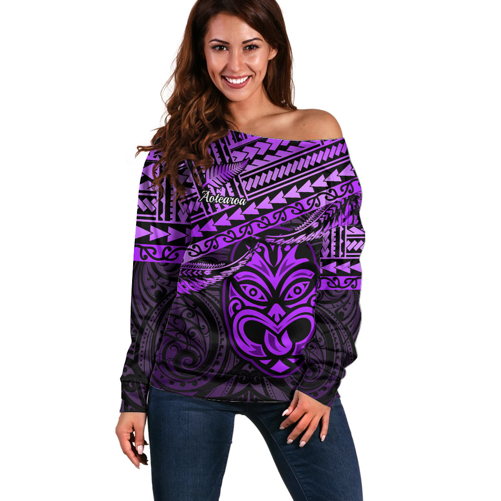 Personalised Matariki New Zealand Off Shoulder Sweater Maori New Year Tiki Purple Version LT14