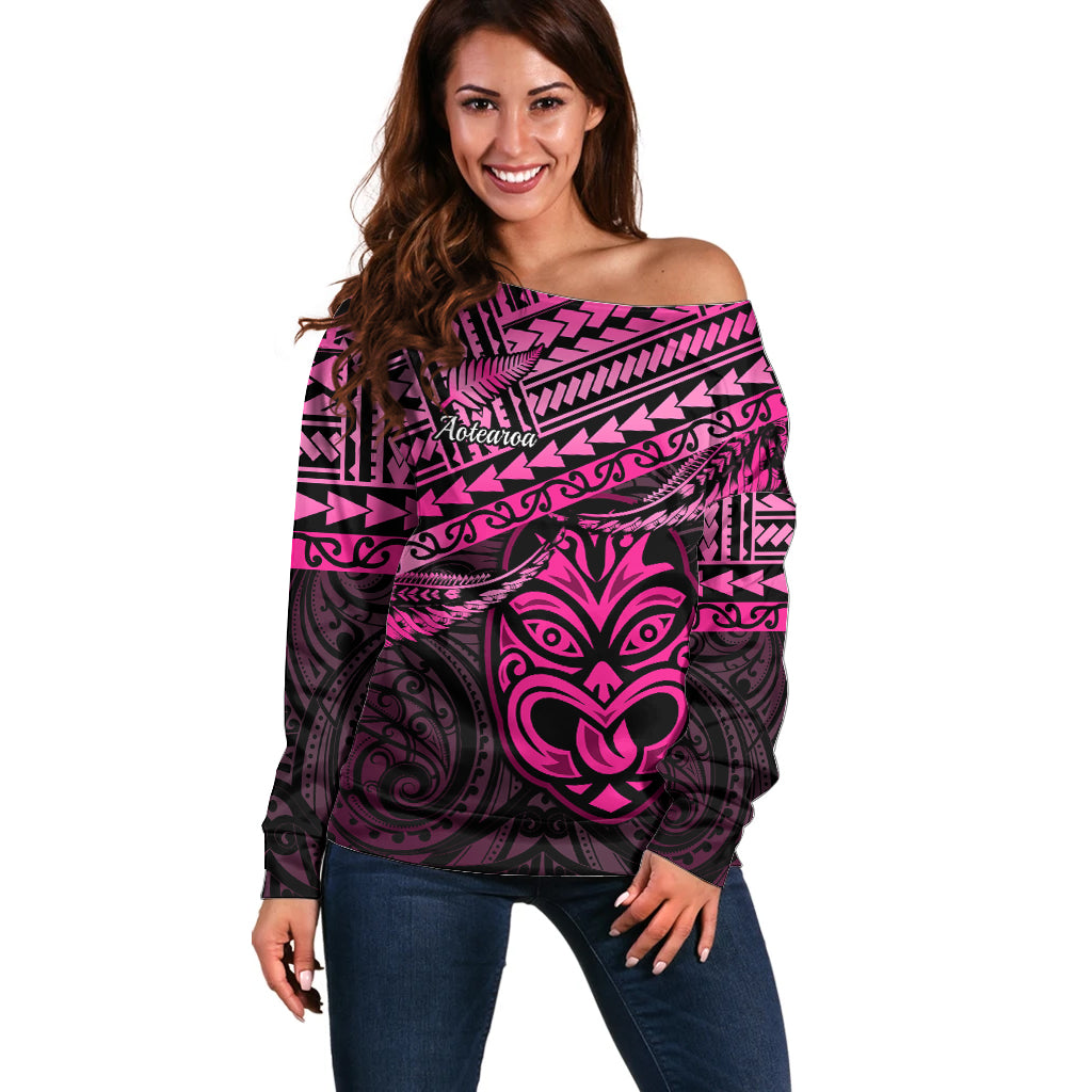 Personalised Matariki New Zealand Off Shoulder Sweater Maori New Year Tiki Pink Version LT14