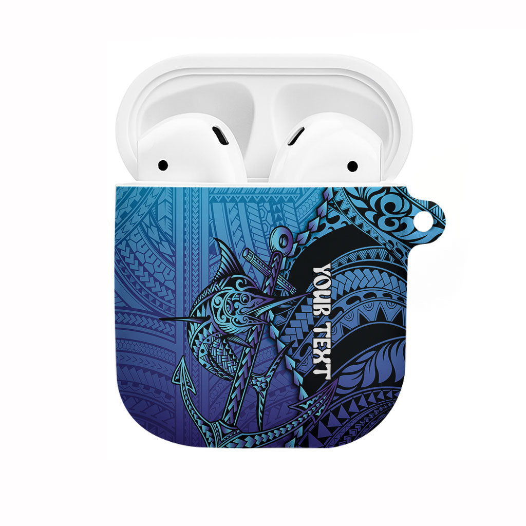 Personalised Polynesia Blue Marlin Fishing AirPods Case Marlin Anchor Tattoo Polynesian Pattern