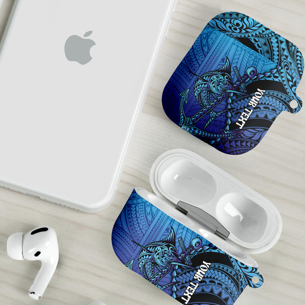 Personalised Polynesia Blue Marlin Fishing AirPods Case Marlin Anchor Tattoo Polynesian Pattern