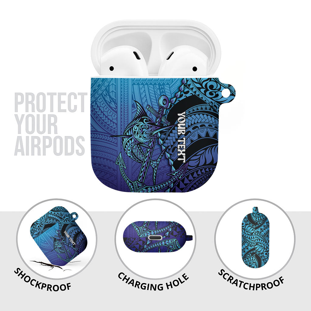Personalised Polynesia Blue Marlin Fishing AirPods Case Marlin Anchor Tattoo Polynesian Pattern