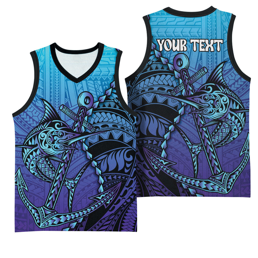 Personalised Polynesia Blue Marlin Fishing Basketball Jersey Marlin Anchor Tattoo Polynesian Pattern LT14 - Polynesian Pride