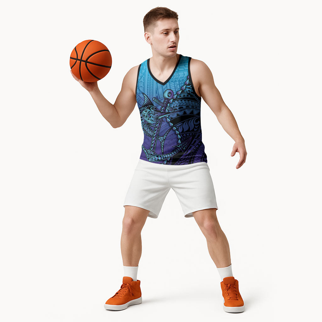 Personalised Polynesia Blue Marlin Fishing Basketball Jersey Marlin Anchor Tattoo Polynesian Pattern LT14 - Polynesian Pride