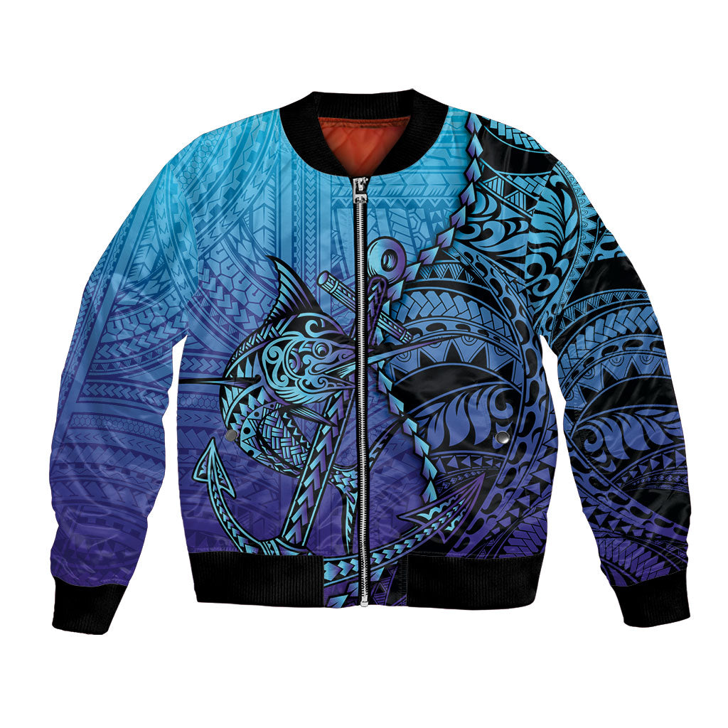 Personalised Polynesia Blue Marlin Fishing Bomber Jacket Marlin Anchor Tattoo Polynesian Pattern