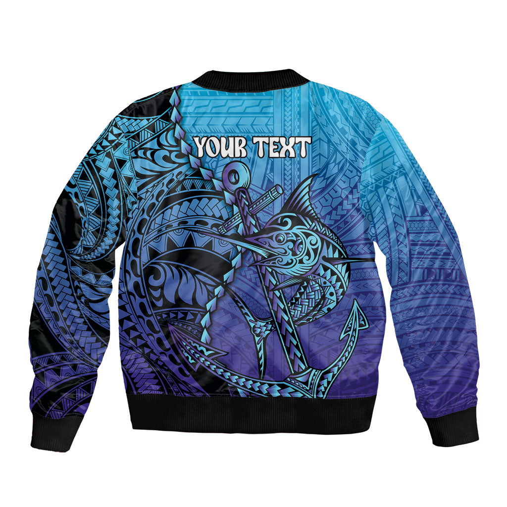 Personalised Polynesia Blue Marlin Fishing Bomber Jacket Marlin Anchor Tattoo Polynesian Pattern