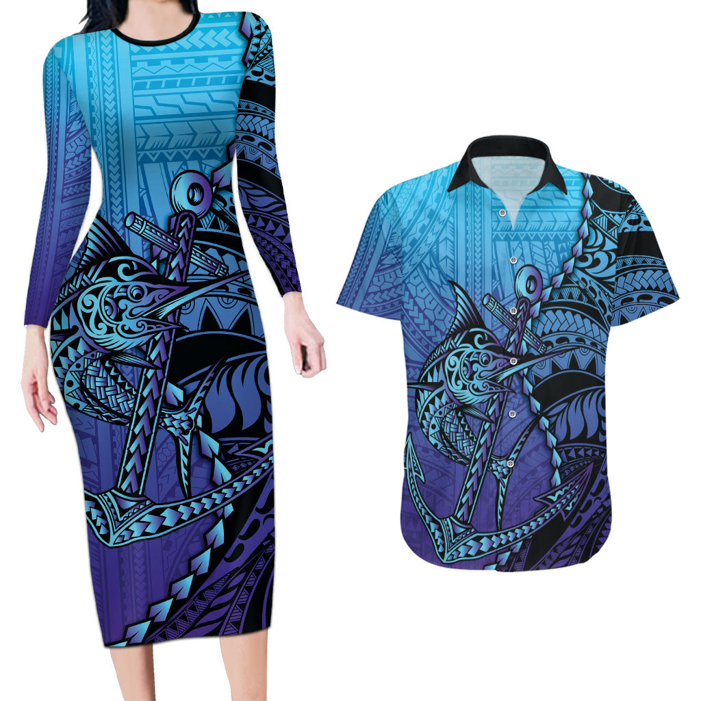 Personalised Polynesia Blue Marlin Fishing Couples Matching Long Sleeve Bodycon Dress and Hawaiian Shirt Marlin Anchor Tattoo Polynesian Pattern LT14 Purple - Polynesian Pride