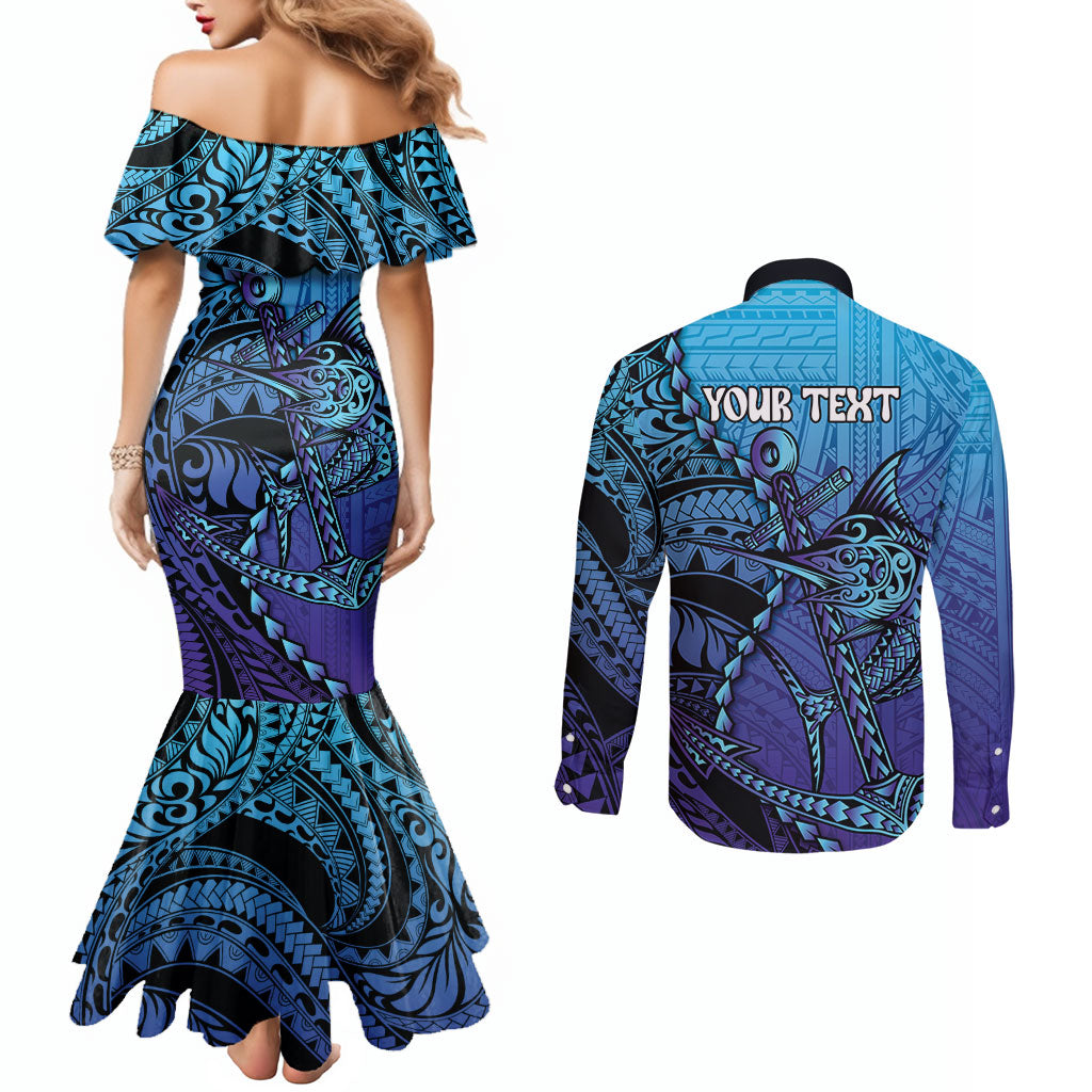 Personalised Polynesia Blue Marlin Fishing Couples Matching Mermaid Dress and Long Sleeve Button Shirt Marlin Anchor Tattoo Polynesian Pattern LT14 - Polynesian Pride