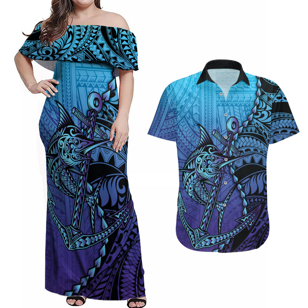 Personalised Polynesia Blue Marlin Fishing Couples Matching Off Shoulder Maxi Dress and Hawaiian Shirt Marlin Anchor Tattoo Polynesian Pattern LT14 Purple - Polynesian Pride