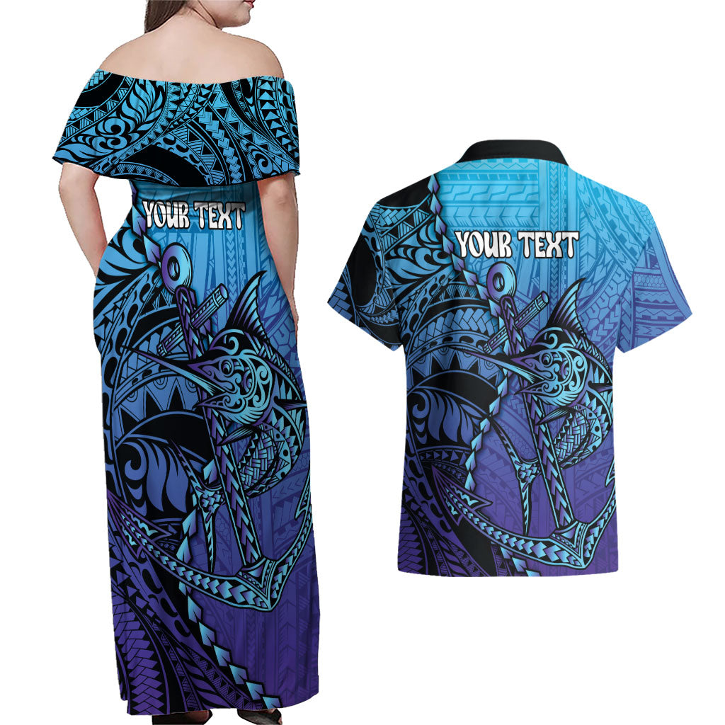Personalised Polynesia Blue Marlin Fishing Couples Matching Off Shoulder Maxi Dress and Hawaiian Shirt Marlin Anchor Tattoo Polynesian Pattern LT14 - Polynesian Pride