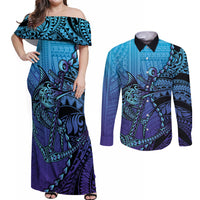 Personalised Polynesia Blue Marlin Fishing Couples Matching Off Shoulder Maxi Dress and Long Sleeve Button Shirt Marlin Anchor Tattoo Polynesian Pattern LT14 Purple - Polynesian Pride