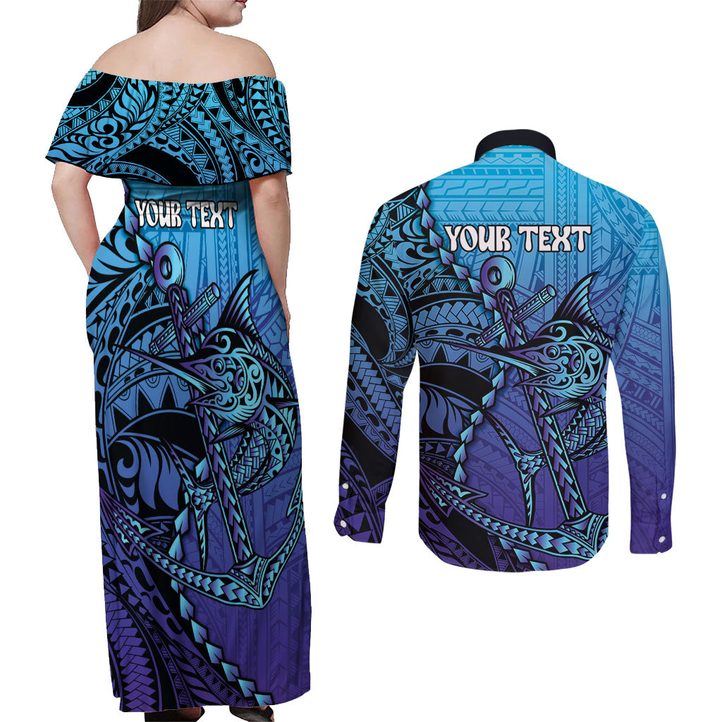 Personalised Polynesia Blue Marlin Fishing Couples Matching Off Shoulder Maxi Dress and Long Sleeve Button Shirt Marlin Anchor Tattoo Polynesian Pattern LT14 - Polynesian Pride