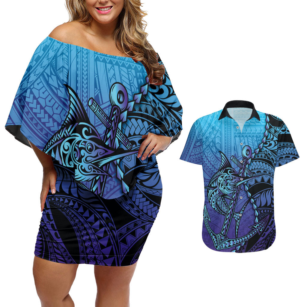 Personalised Polynesia Blue Marlin Fishing Couples Matching Off Shoulder Short Dress and Hawaiian Shirt Marlin Anchor Tattoo Polynesian Pattern LT14 Purple - Polynesian Pride