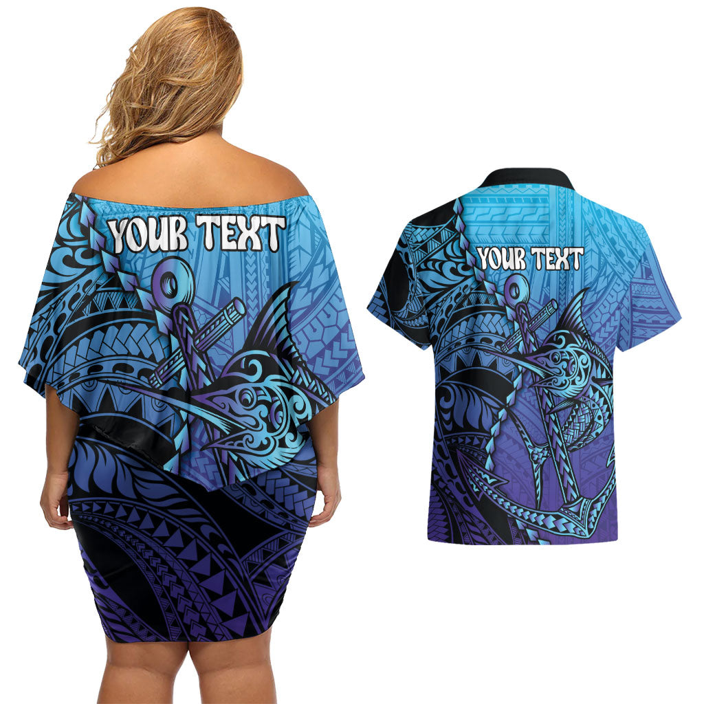 Personalised Polynesia Blue Marlin Fishing Couples Matching Off Shoulder Short Dress and Hawaiian Shirt Marlin Anchor Tattoo Polynesian Pattern LT14 - Polynesian Pride