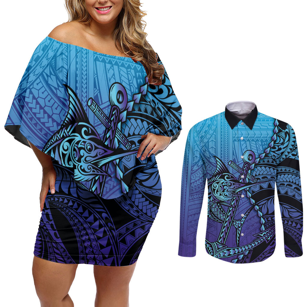 Personalised Polynesia Blue Marlin Fishing Couples Matching Off Shoulder Short Dress and Long Sleeve Button Shirt Marlin Anchor Tattoo Polynesian Pattern LT14 Purple - Polynesian Pride