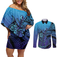 Personalised Polynesia Blue Marlin Fishing Couples Matching Off Shoulder Short Dress and Long Sleeve Button Shirt Marlin Anchor Tattoo Polynesian Pattern LT14 Purple - Polynesian Pride