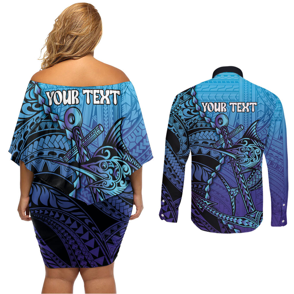 Personalised Polynesia Blue Marlin Fishing Couples Matching Off Shoulder Short Dress and Long Sleeve Button Shirt Marlin Anchor Tattoo Polynesian Pattern LT14 - Polynesian Pride