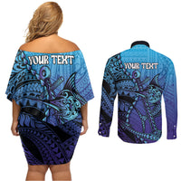Personalised Polynesia Blue Marlin Fishing Couples Matching Off Shoulder Short Dress and Long Sleeve Button Shirt Marlin Anchor Tattoo Polynesian Pattern LT14 - Polynesian Pride