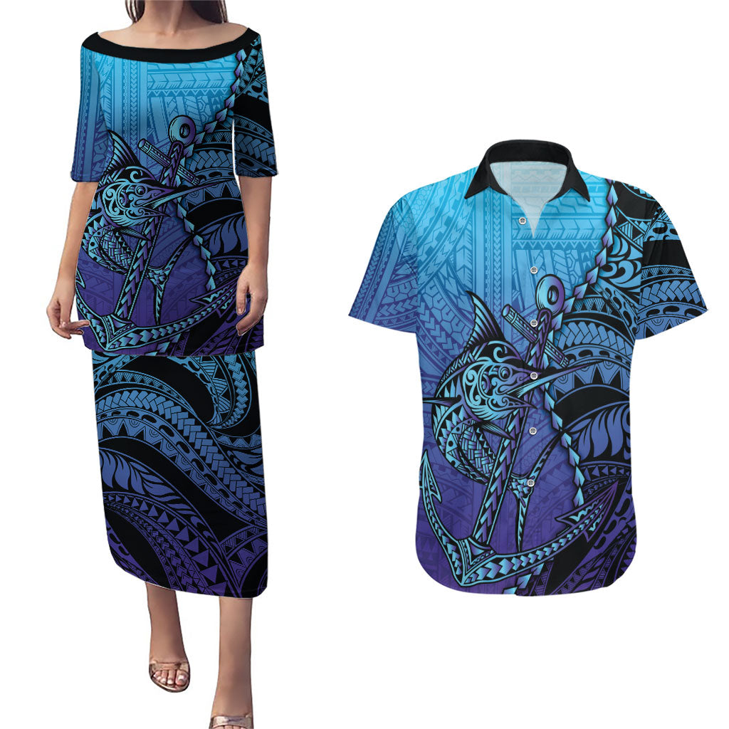 Personalised Polynesia Blue Marlin Fishing Couples Matching Puletasi and Hawaiian Shirt Marlin Anchor Tattoo Polynesian Pattern LT14 Purple - Polynesian Pride