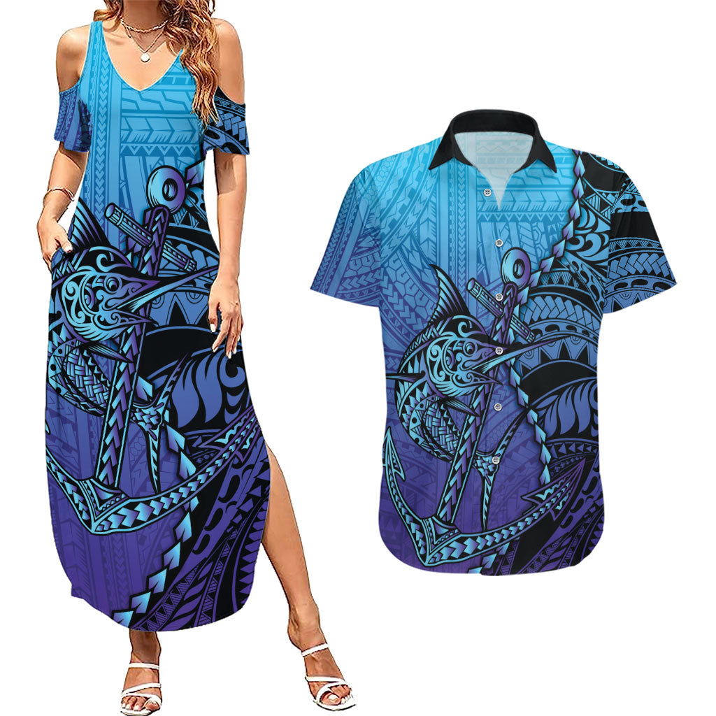 Personalised Polynesia Blue Marlin Fishing Couples Matching Summer Maxi Dress and Hawaiian Shirt Marlin Anchor Tattoo Polynesian Pattern LT14 Purple - Polynesian Pride