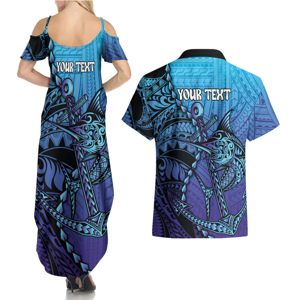 Personalised Polynesia Blue Marlin Fishing Couples Matching Summer Maxi Dress and Hawaiian Shirt Marlin Anchor Tattoo Polynesian Pattern LT14 - Polynesian Pride
