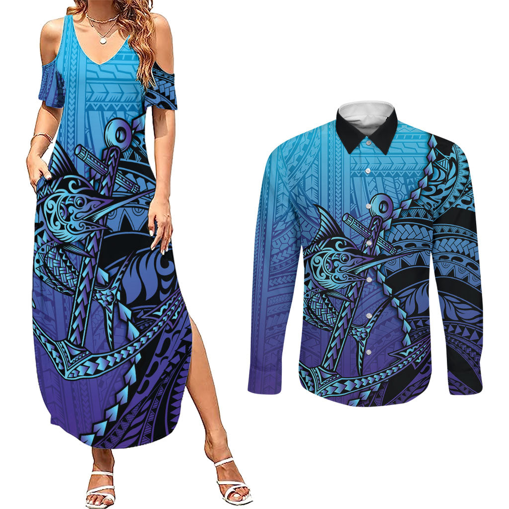 Personalised Polynesia Blue Marlin Fishing Couples Matching Summer Maxi Dress and Long Sleeve Button Shirt Marlin Anchor Tattoo Polynesian Pattern LT14 Purple - Polynesian Pride