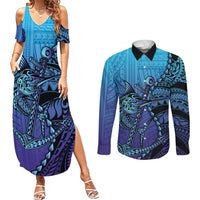 Personalised Polynesia Blue Marlin Fishing Couples Matching Summer Maxi Dress and Long Sleeve Button Shirt Marlin Anchor Tattoo Polynesian Pattern LT14 Purple - Polynesian Pride