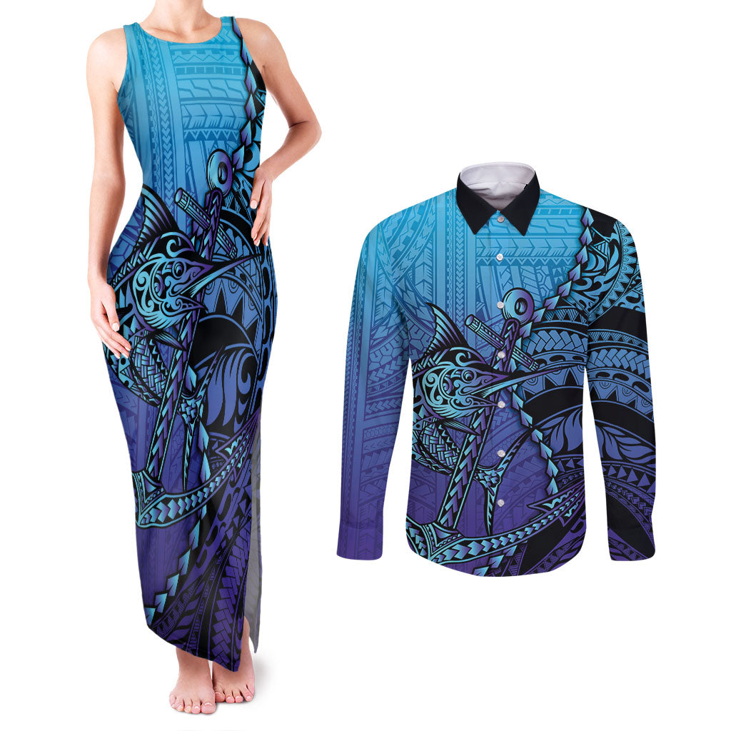 Personalised Polynesia Blue Marlin Fishing Couples Matching Tank Maxi Dress and Long Sleeve Button Shirt Marlin Anchor Tattoo Polynesian Pattern LT14 Purple - Polynesian Pride