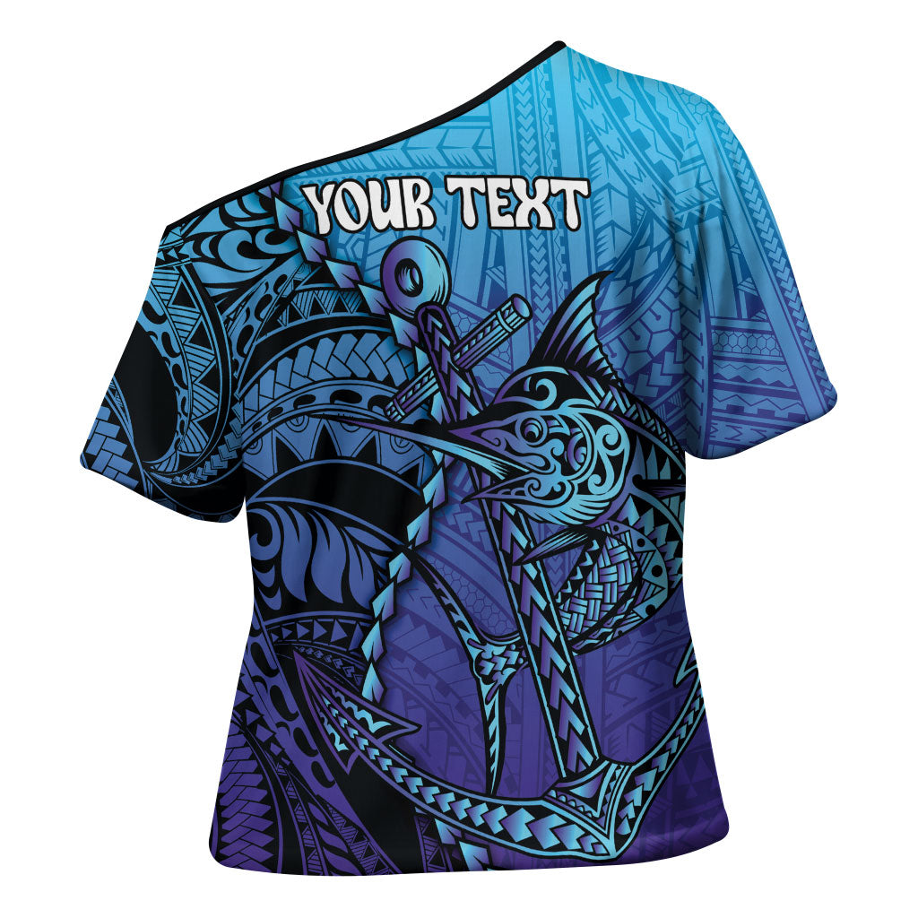 Personalised Polynesia Blue Marlin Fishing Cross Shoulder Shirt Marlin Anchor Tattoo Polynesian Pattern LT14 - Polynesian Pride