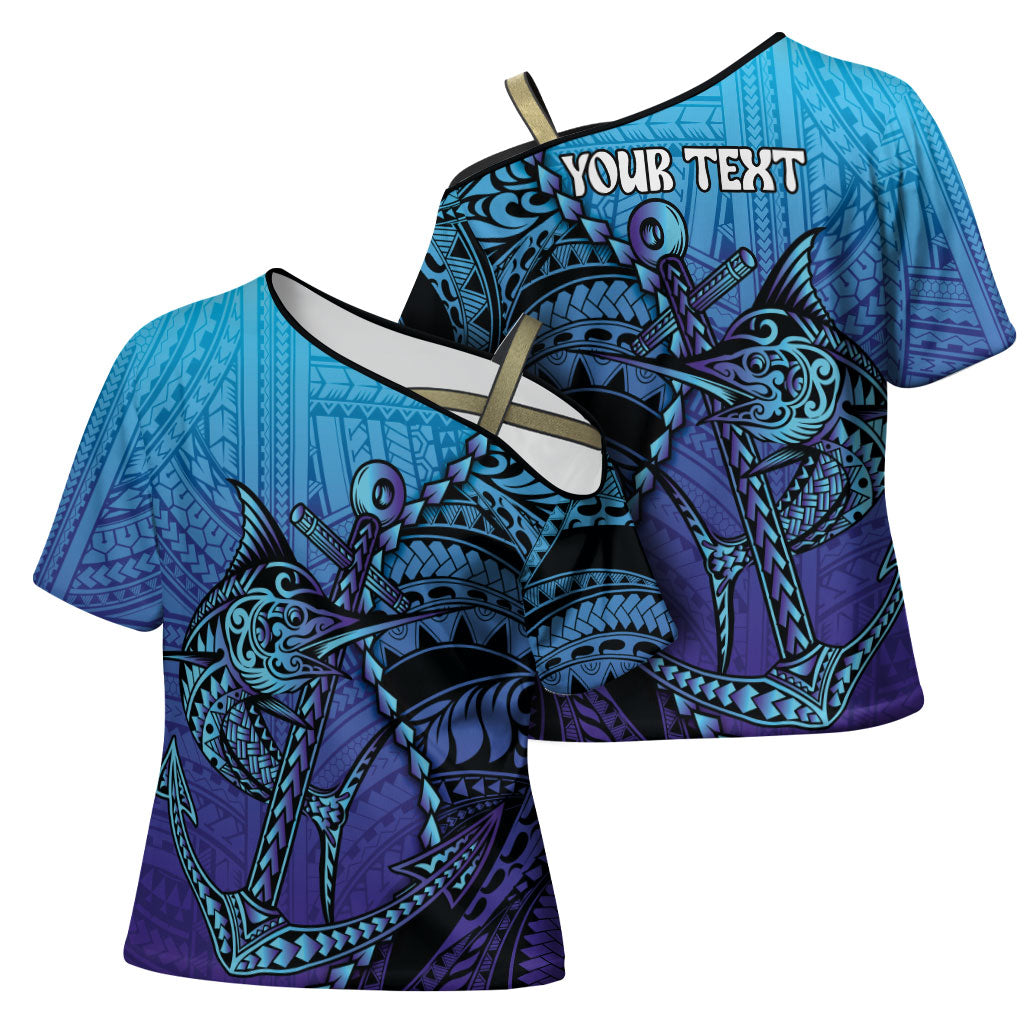 Personalised Polynesia Blue Marlin Fishing Cross Shoulder Shirt Marlin Anchor Tattoo Polynesian Pattern LT14 - Polynesian Pride