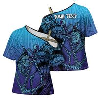 Personalised Polynesia Blue Marlin Fishing Cross Shoulder Shirt Marlin Anchor Tattoo Polynesian Pattern LT14 - Polynesian Pride
