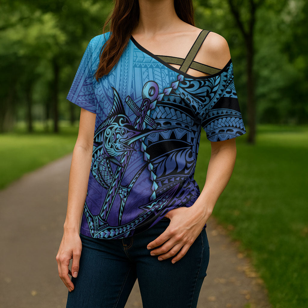 Personalised Polynesia Blue Marlin Fishing Cross Shoulder Shirt Marlin Anchor Tattoo Polynesian Pattern LT14 - Polynesian Pride