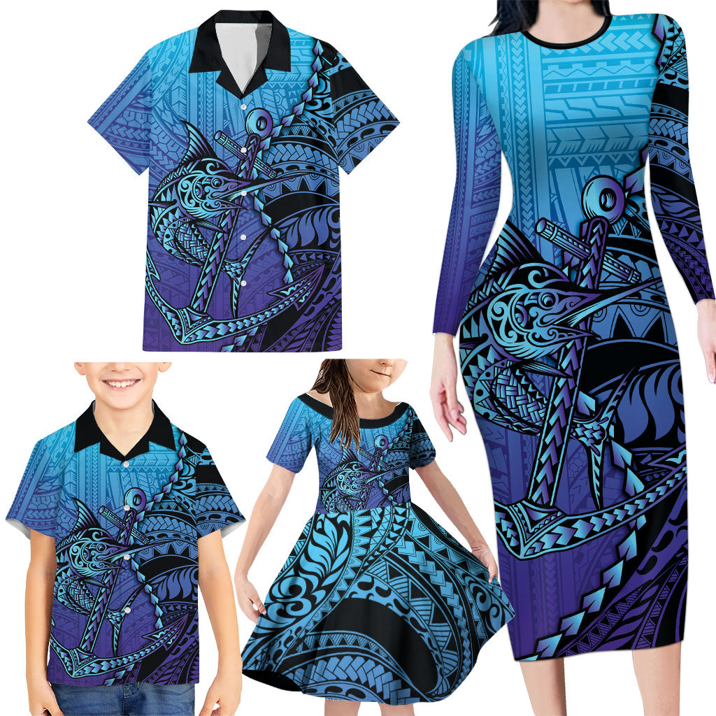 Personalised Polynesia Blue Marlin Fishing Family Matching Long Sleeve Bodycon Dress and Hawaiian Shirt Marlin Anchor Tattoo Polynesian Pattern LT14 - Polynesian Pride