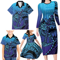 Personalised Polynesia Blue Marlin Fishing Family Matching Long Sleeve Bodycon Dress and Hawaiian Shirt Marlin Anchor Tattoo Polynesian Pattern