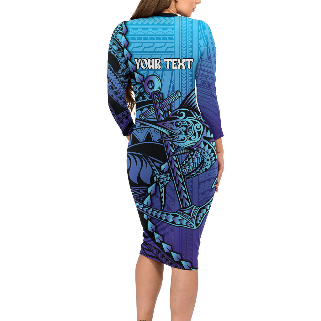 Personalised Polynesia Blue Marlin Fishing Family Matching Long Sleeve Bodycon Dress and Hawaiian Shirt Marlin Anchor Tattoo Polynesian Pattern